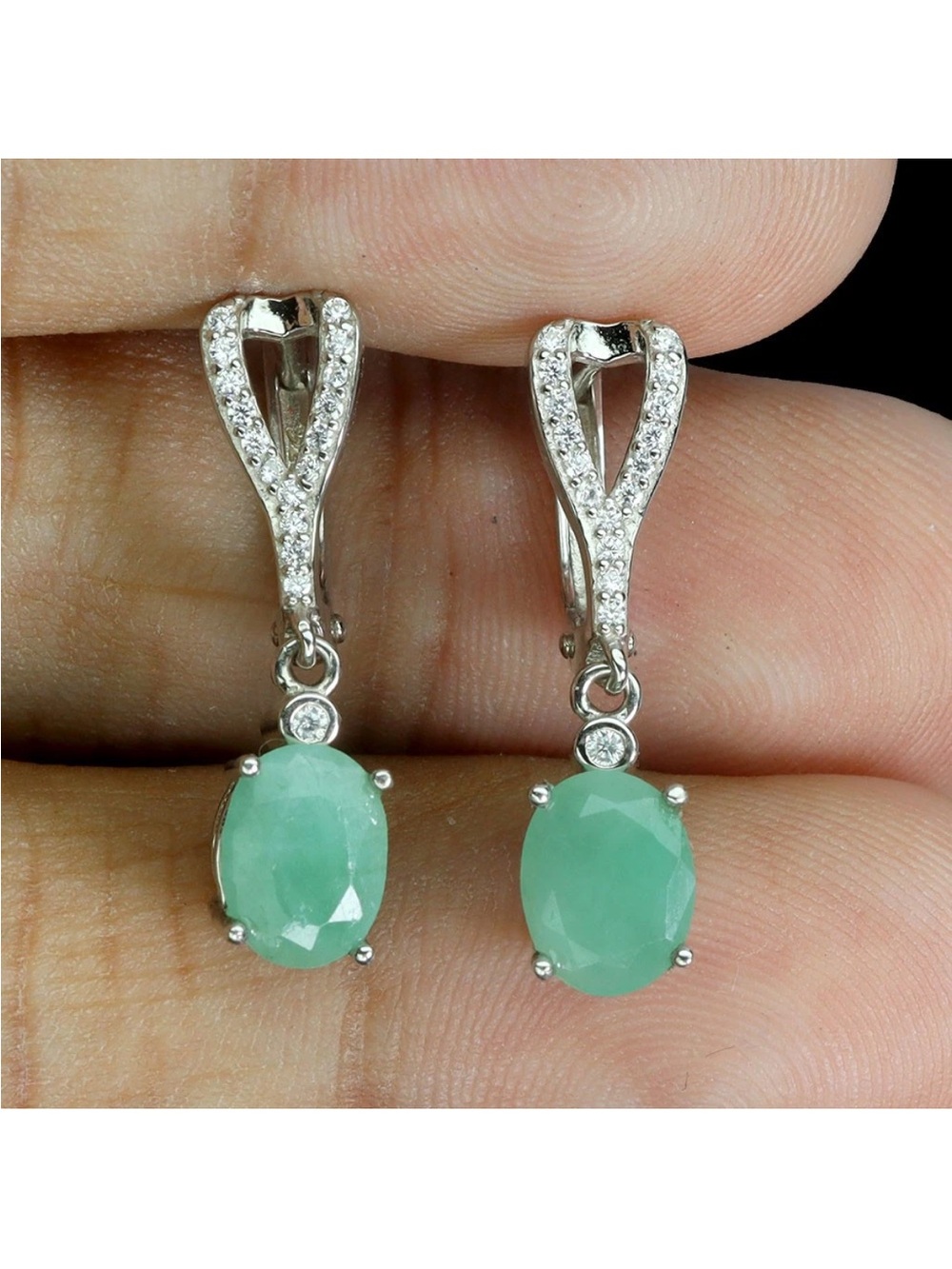 925 Sterling Silver Genuine Emerald & Zircon Drop Earrings 1.25CT